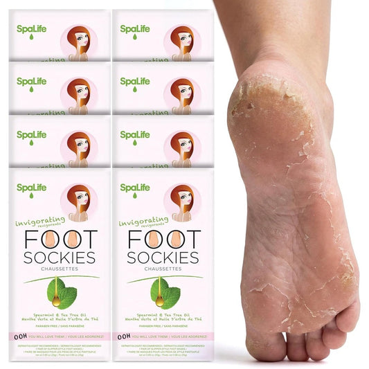 SpaLife Moisturizing Foot Sockies 8 pack front packaging view for dry feet repair
