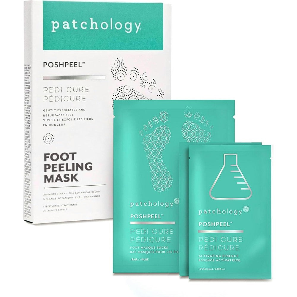 Patchology PoshPeel Pedi Cure packaging front view for foot exfoliation.