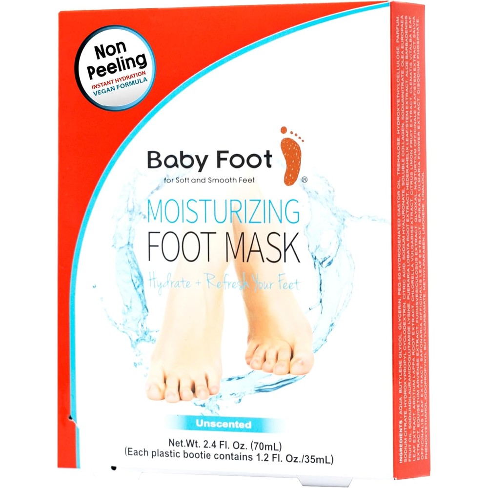 Baby Foot Unscented Non-Peel Moisturizing Mask front packaging view for foot hydration.
