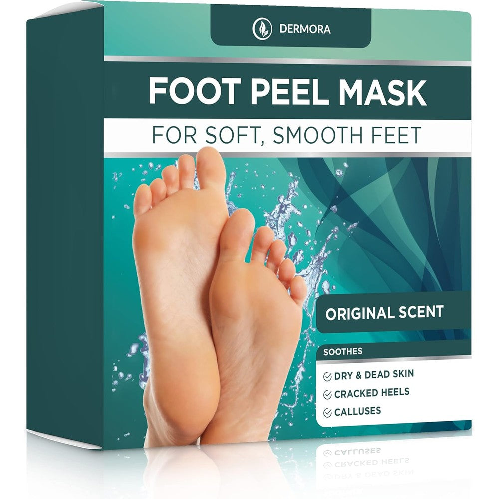Dermora Foot Peel Mask front packaging for skin exfoliation.