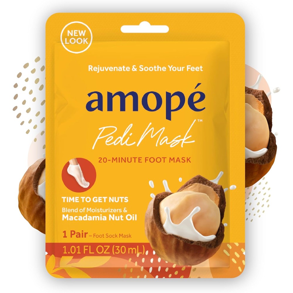 Amopé PediMask 20-minute foot mask front packaging with macadamia nut oil.