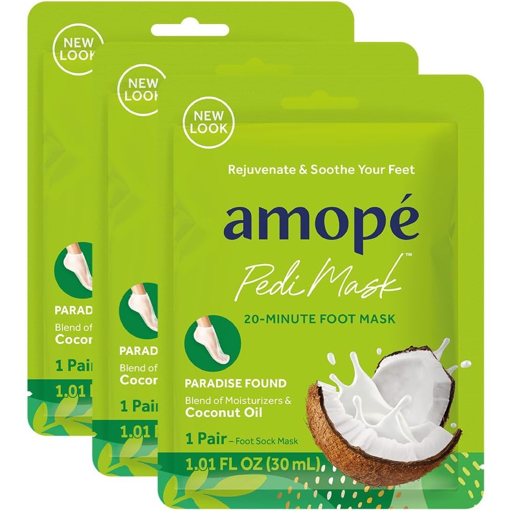 Amopé Pedi Mask Paradise Found front packaging for dry foot treatment.