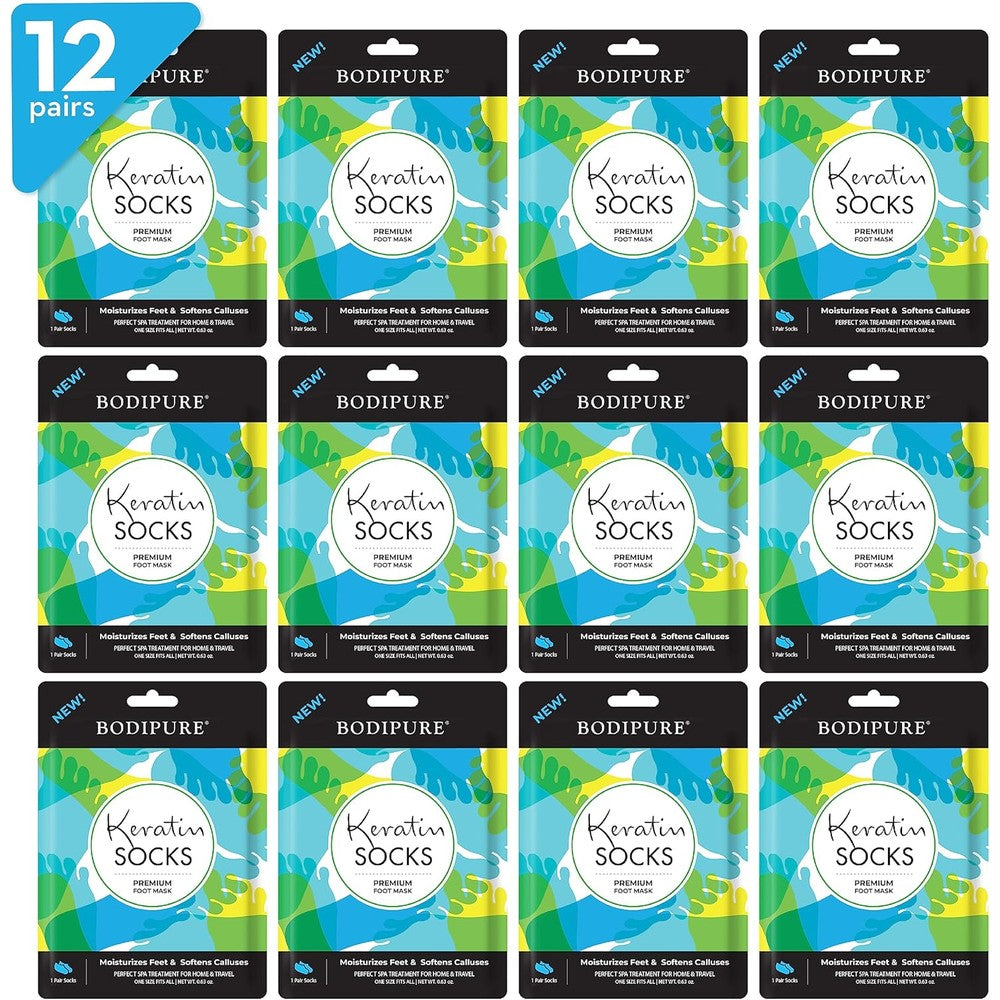 Bodipure Premium Foot Mask Keratin Socks front packaging showing 12 pairs pack.