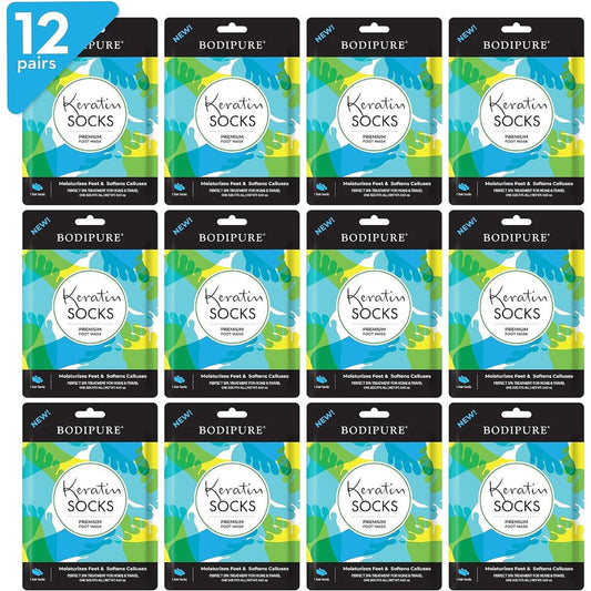 Bodipure Premium Foot Mask Keratin Socks front packaging showing 12 pairs pack.