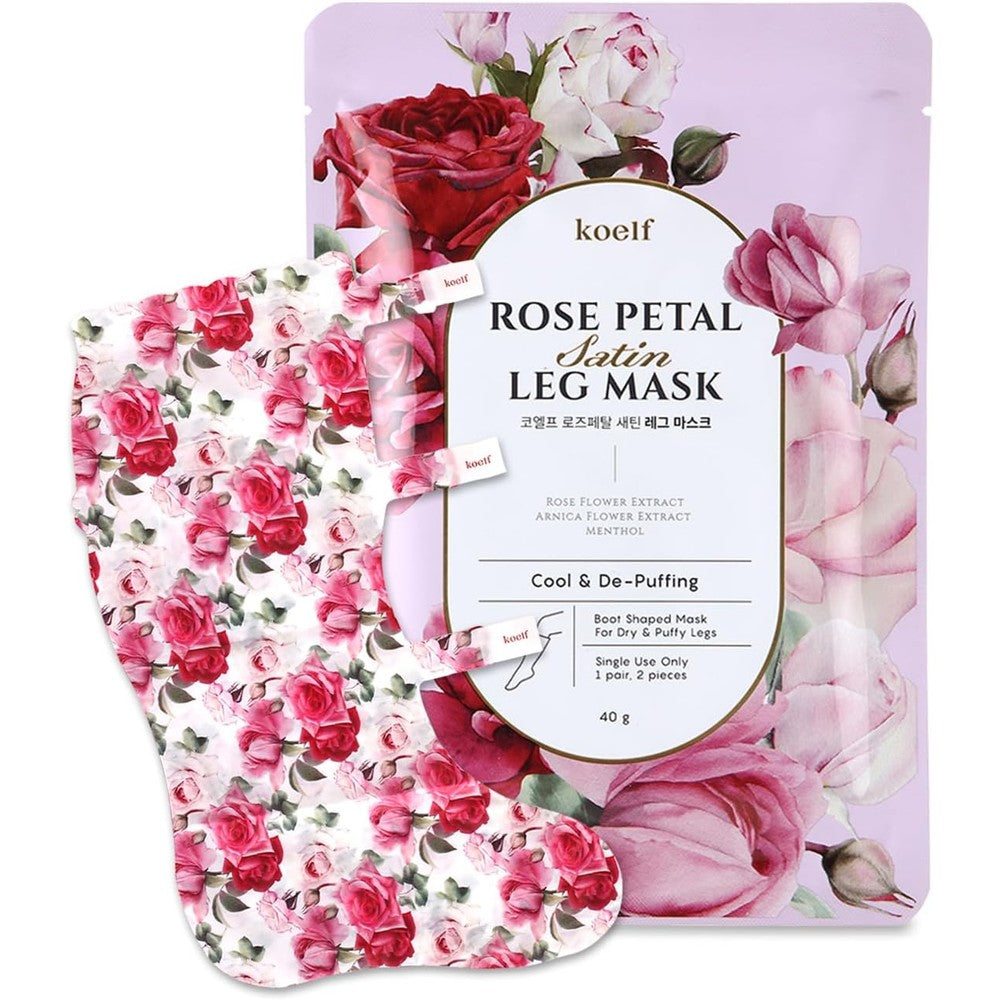 Koelf Rose Petal Satin Leg Mask front packaging view for cooling leg treatment.