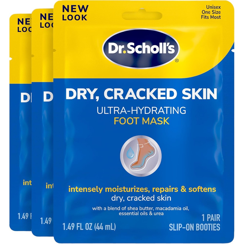 Dr. Scholl's Ultra Hydrating Foot Mask front packaging showing three pairs of moisturizing socks.