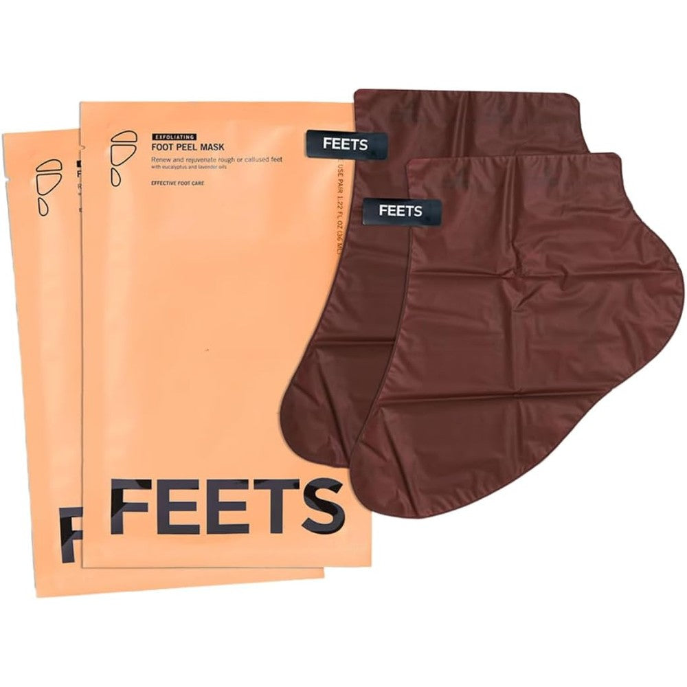 FEETS Foot Peel Mask 2-Pack front view showing eucalyptus and lavender packaging.