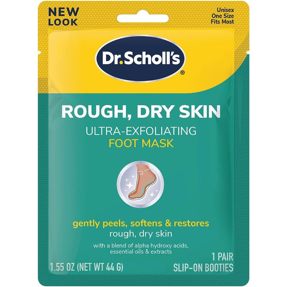 Dr. Scholl's Ultra Exfoliating Foot Mask front packaging showing slip-on booties.