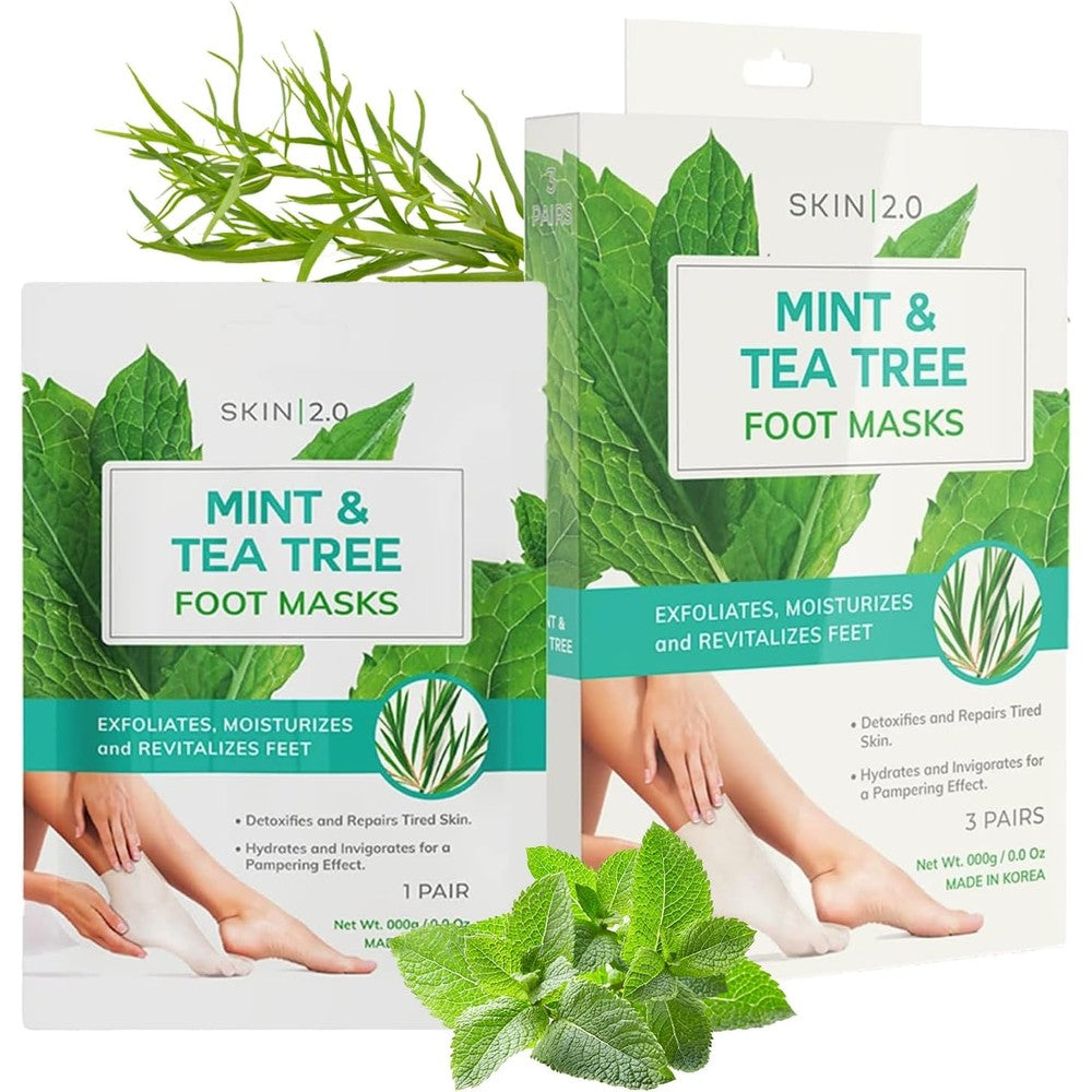 Skin 2.0 Tea Tree and Mint Foot Masks front packaging 3 pair pack