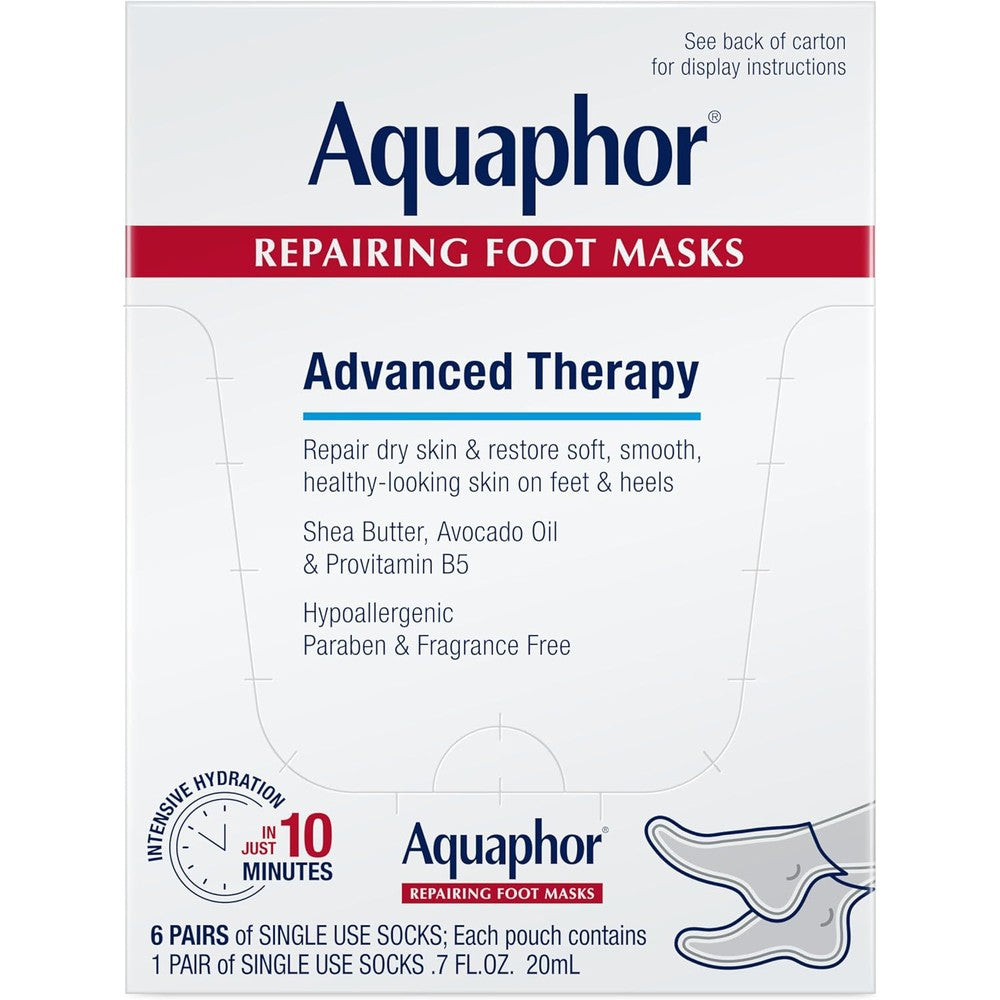 Aquaphor Repairing Foot Masks front view packaging of the six pairs box.