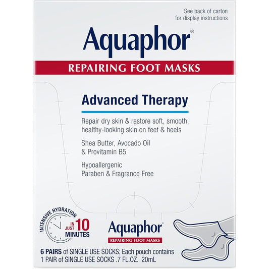 Aquaphor Repairing Foot Masks front view packaging of the six pairs box.