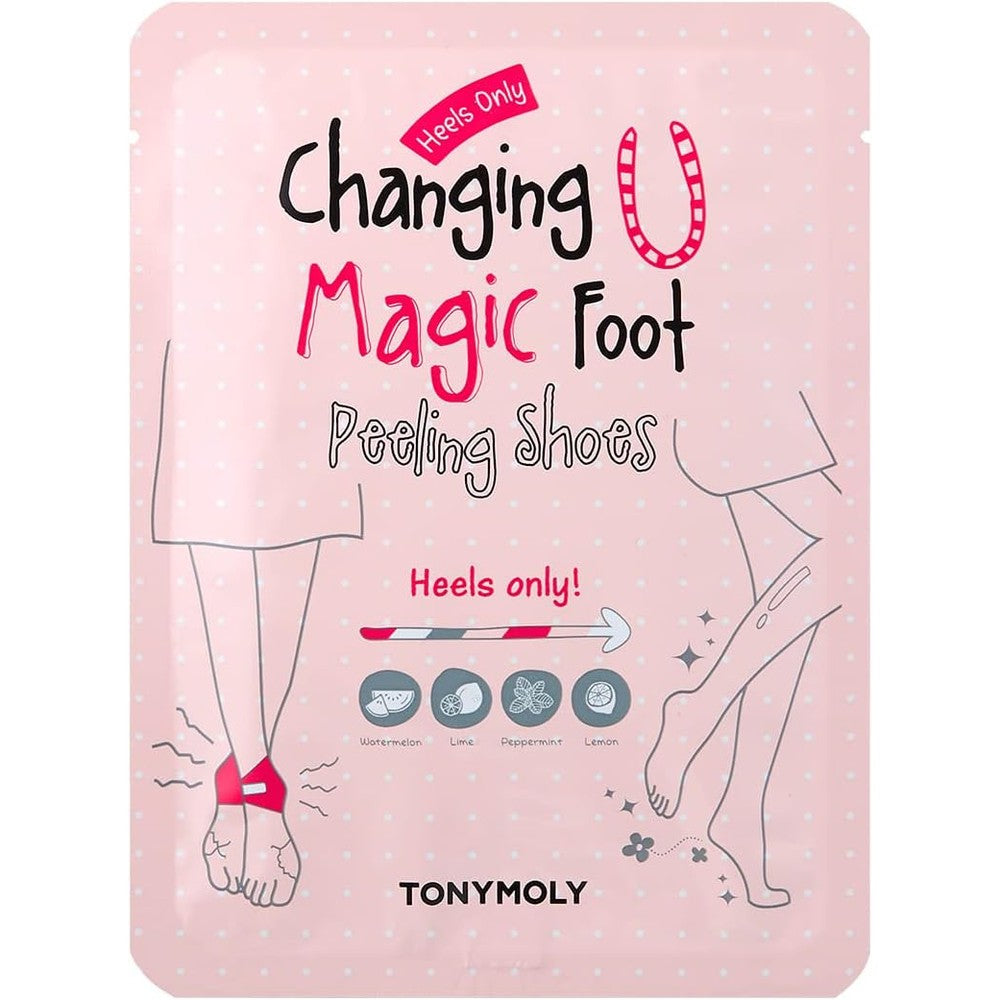 TONYMOLY Changing U Magic Foot Peeling Shoes packaging front view for callus removal.