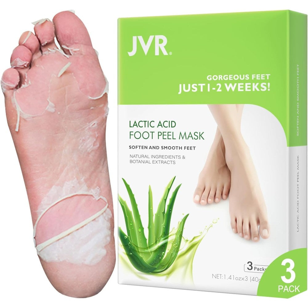 JVR Foot Peel Mask 3 Pairs front packaging with aloe vera illustration.