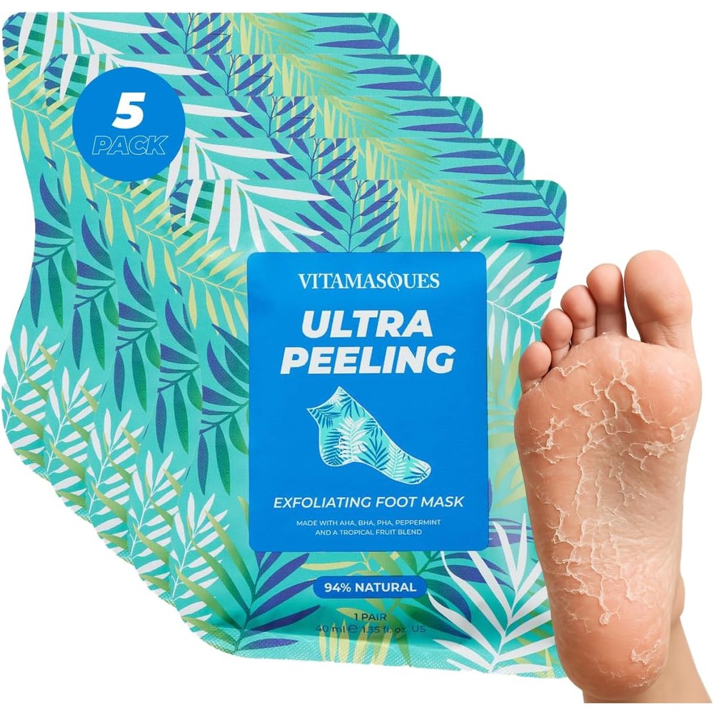 Vitamasques Foot Peeling Mask 5 Pairs front packaging for exfoliating treatment.