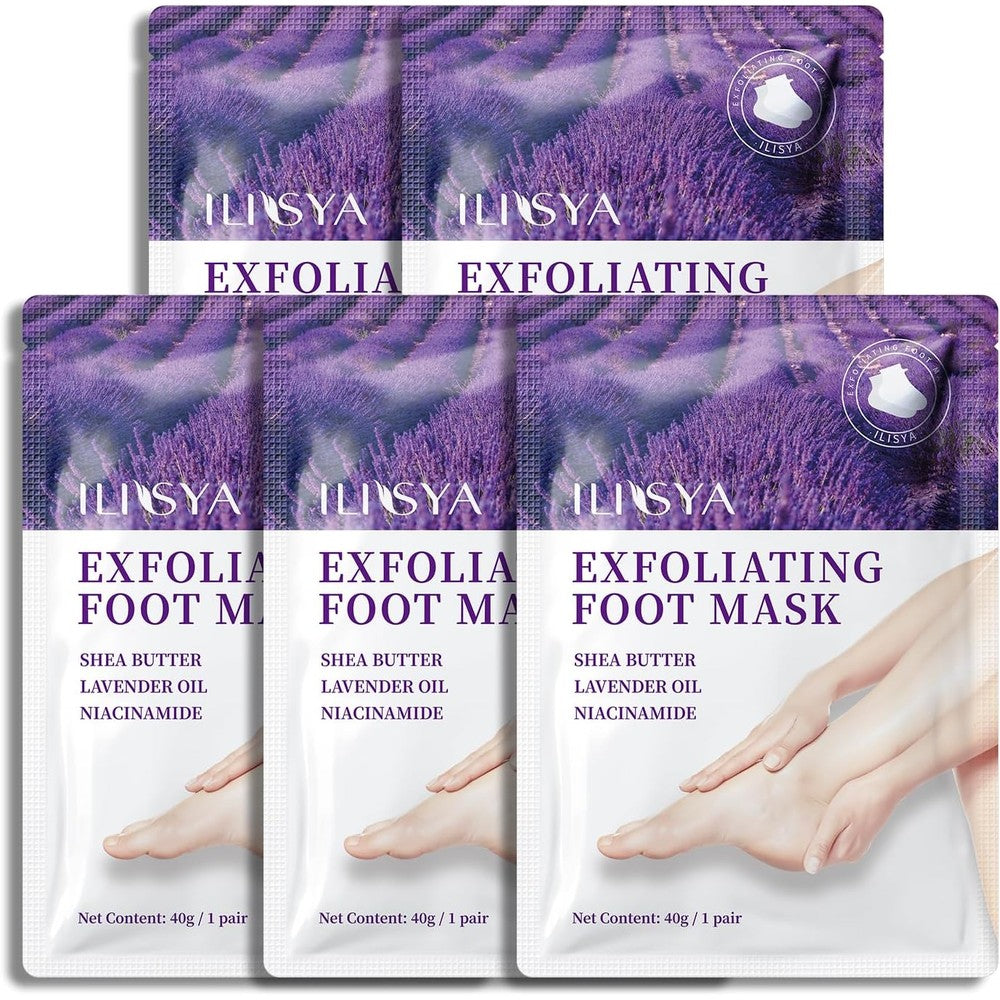ROUSE exfoliating foot peel mask 5 pack box front view showing lavender ingredients