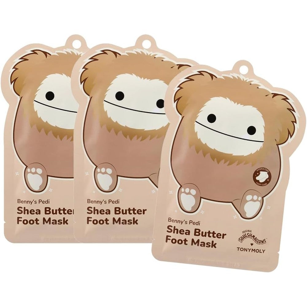 TONYMOLY x Squishmallows Benny Shea Butter Foot Mask front view pack of three showing Benny character art.