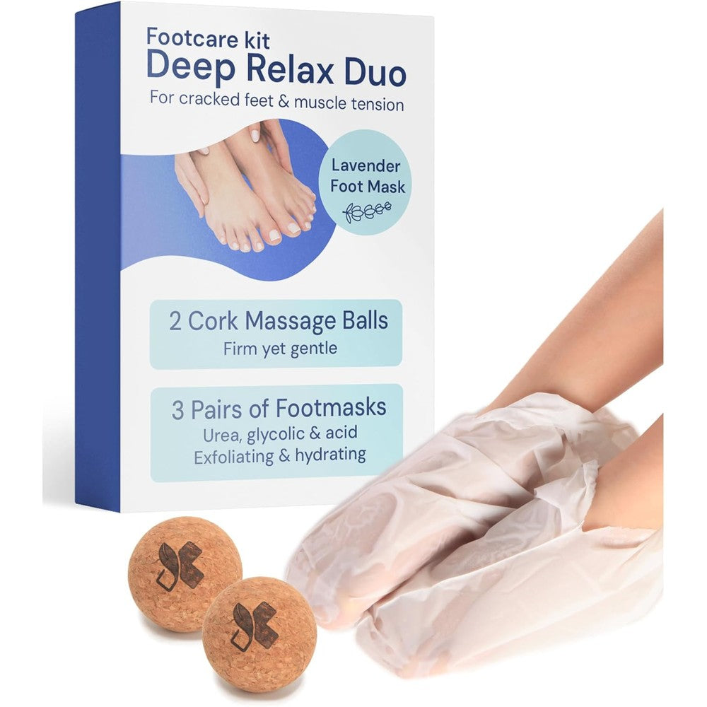 YogaMedic Foot Recovery Set front view showing three exfoliating foot masks pack and two natural cork massage balls