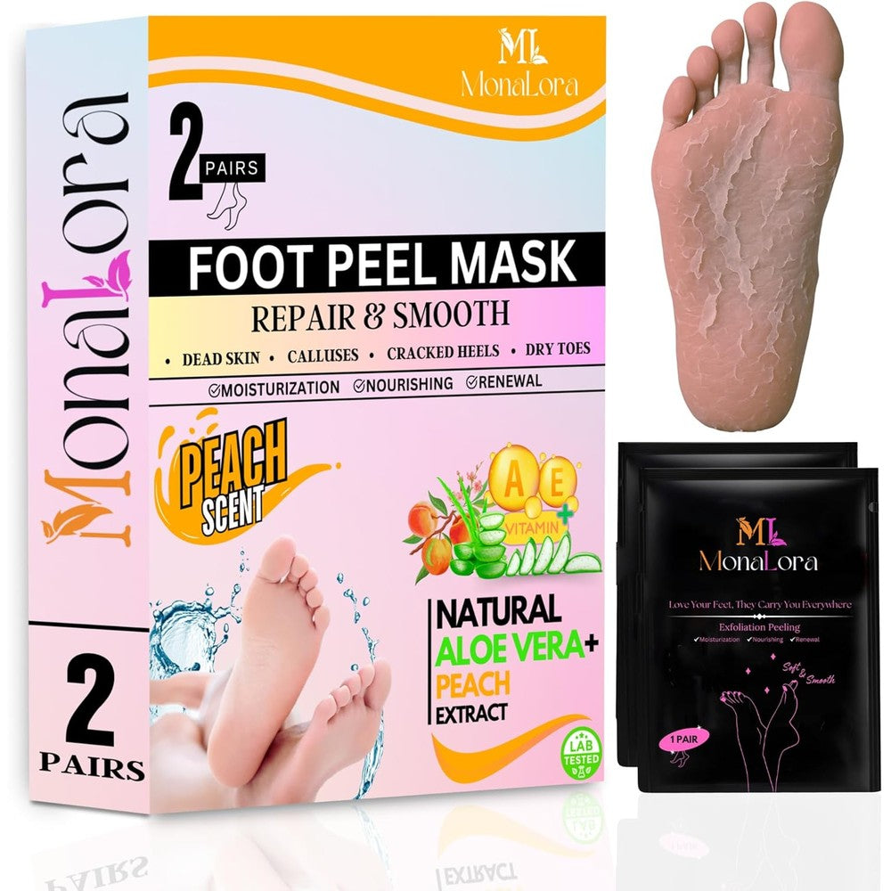 MonaLora Foot Peel Mask front packaging view showing the peach exfoliating callus remover