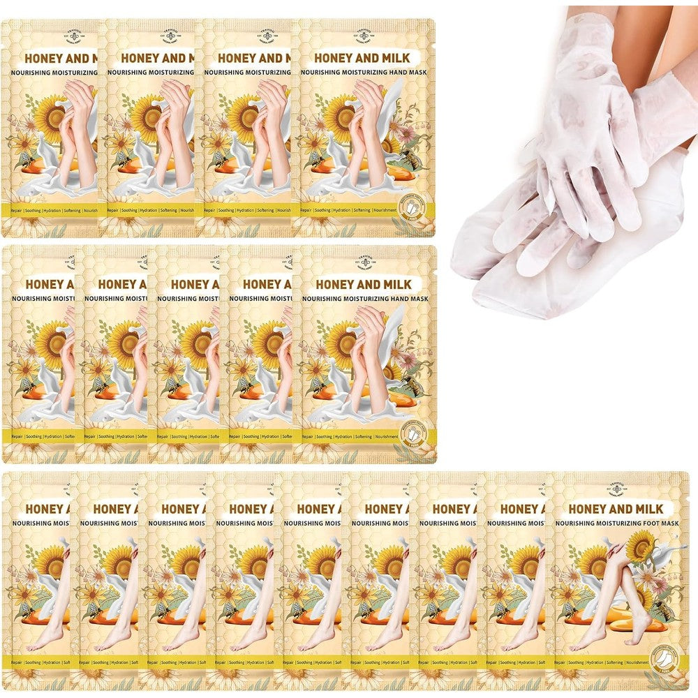 TEAWOO 18 Pairs Moisturizing Hand and Foot Masks front packaging view showcasing honey and milk ingredients.