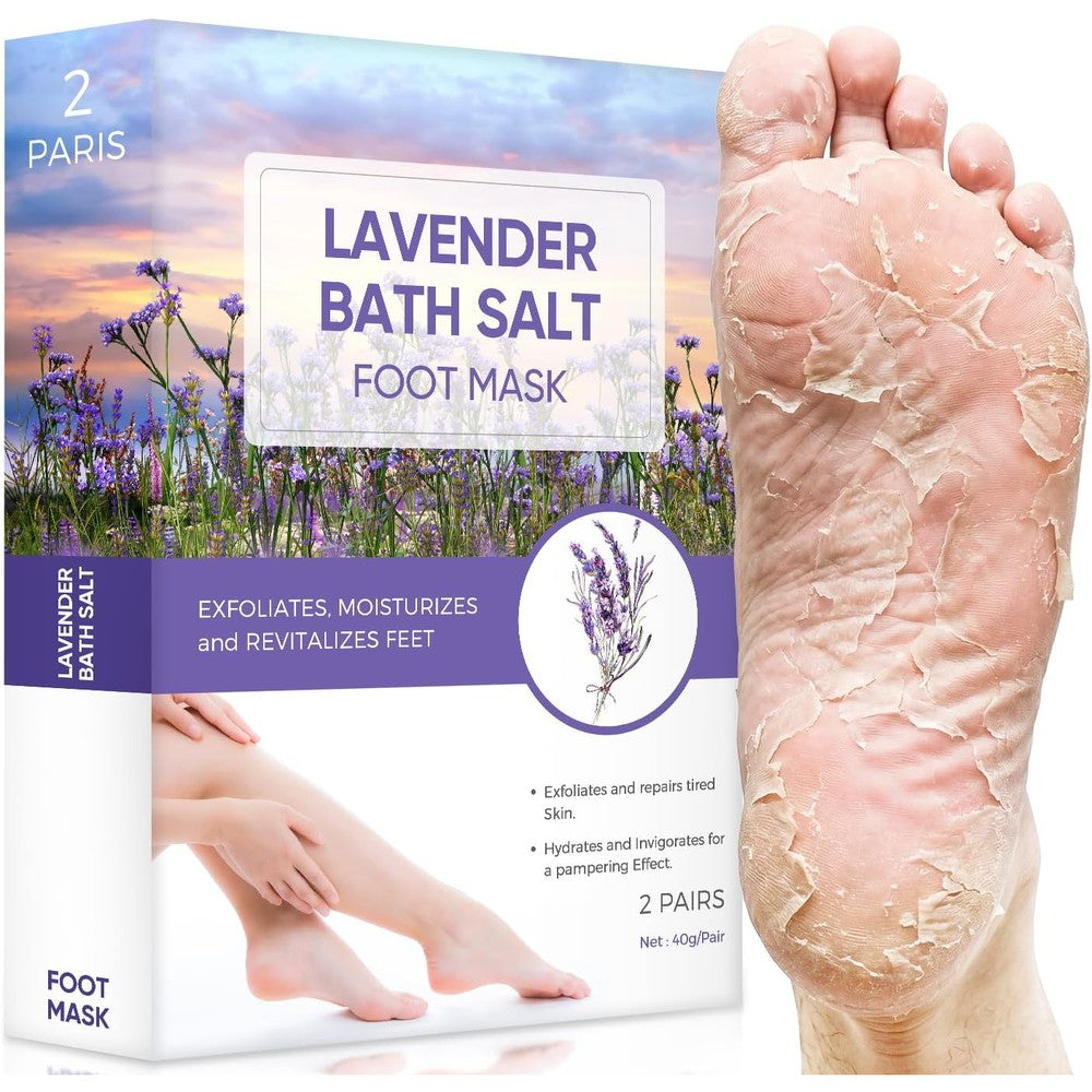 Rokelos Lavender Foot Peel Mask front packaging view showcasing natural exfoliation benefits.