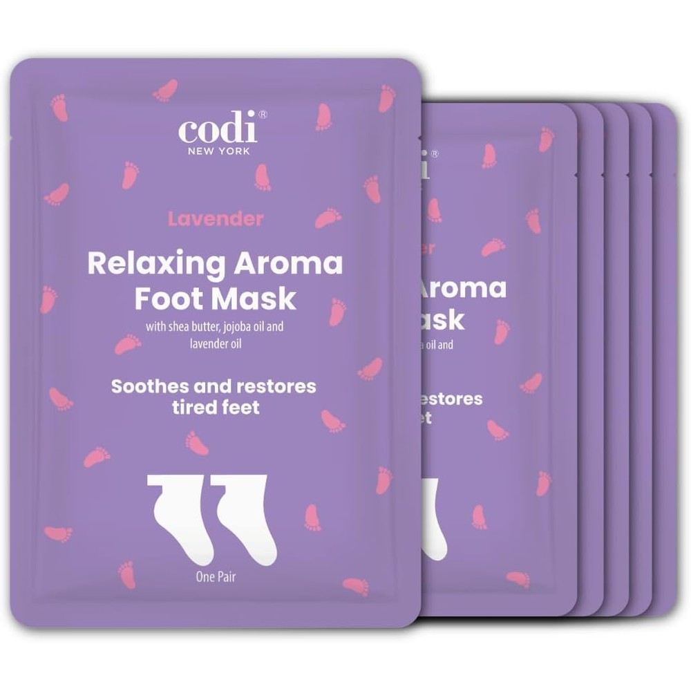 Codi New York Relaxing Aroma Foot Mask Lavender front view packaging highlighting six pairs of moisturizing socks.
