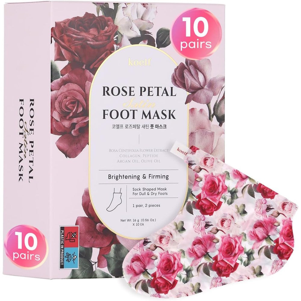 Koelf Rose Petal Satin Foot Mask 10 pairs box front view showcasing authentic Korean beauty skincare packaging.