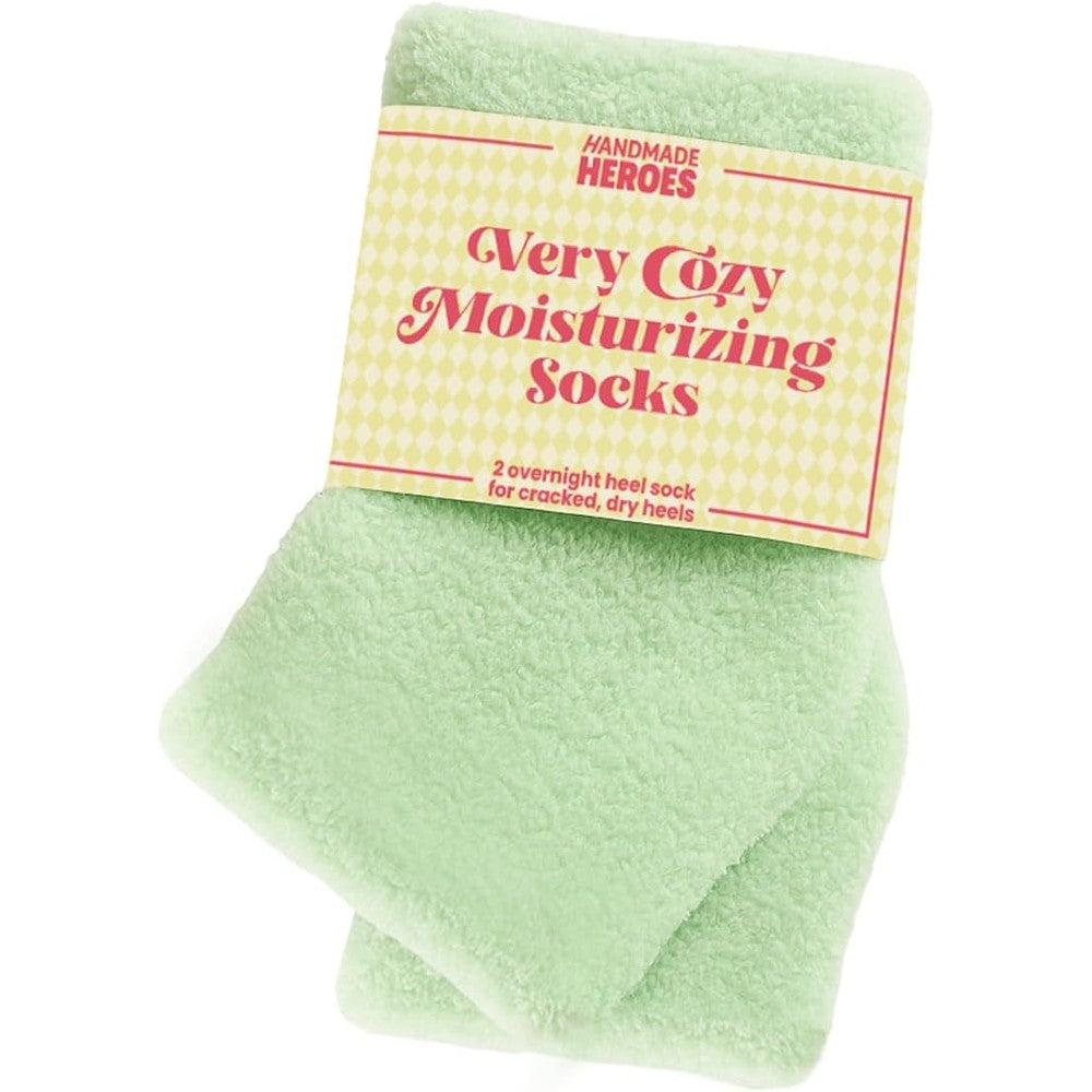 Handmade Heroes Foot Mask front view of green moisturizing gel socks packaging.
