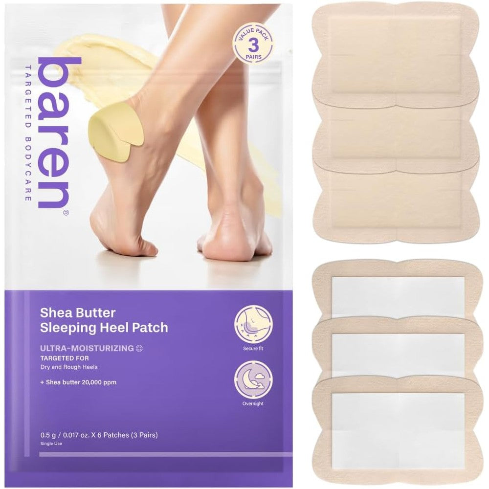 Baren Shea Butter Heel Repair Patch front packaging view showcasing six overnight foot moisturizer masks.