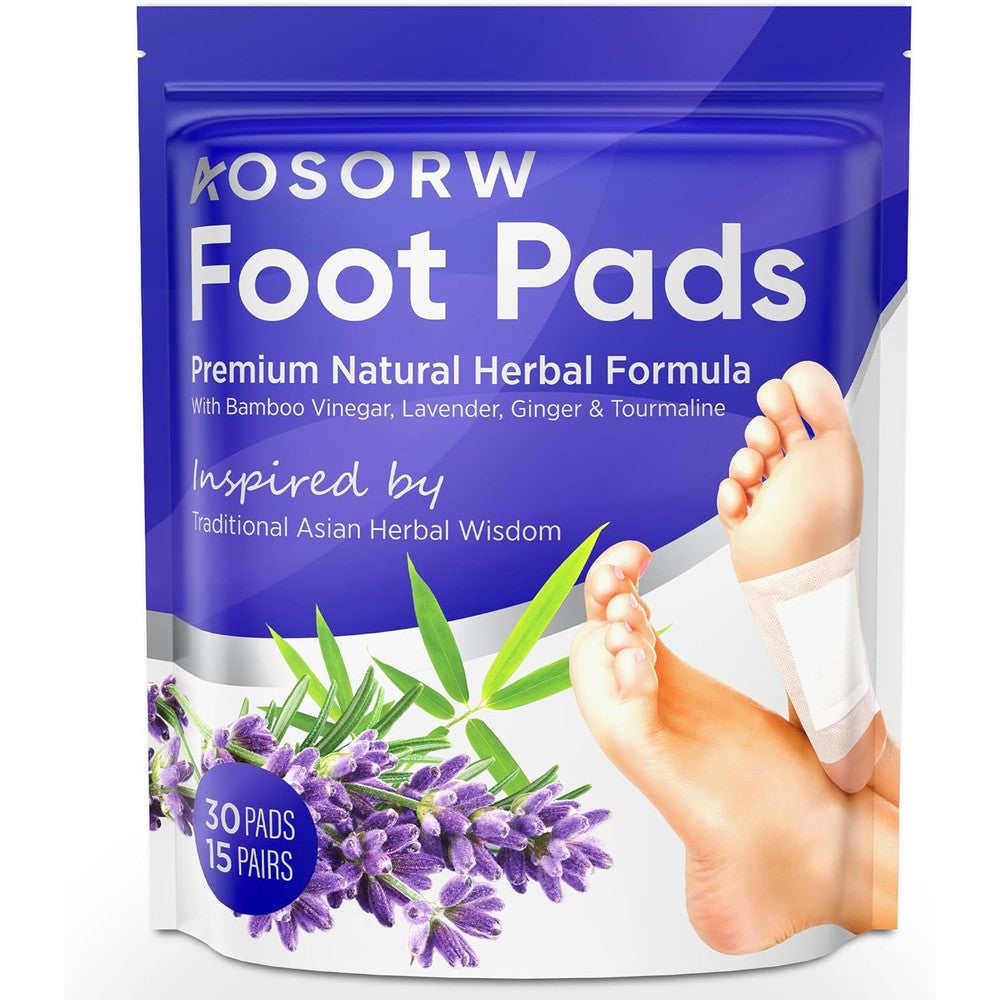 AOSORW Natural Foot Pads front packaging showing thirty lavender bamboo vinegar overnight care patches.