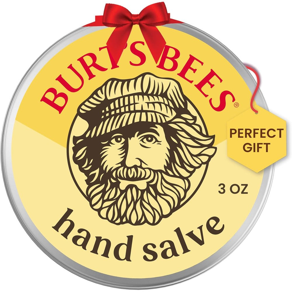 Burt's Bees 100% Natural Hand Salve three ounce tin front view showing beeswax ingredients.