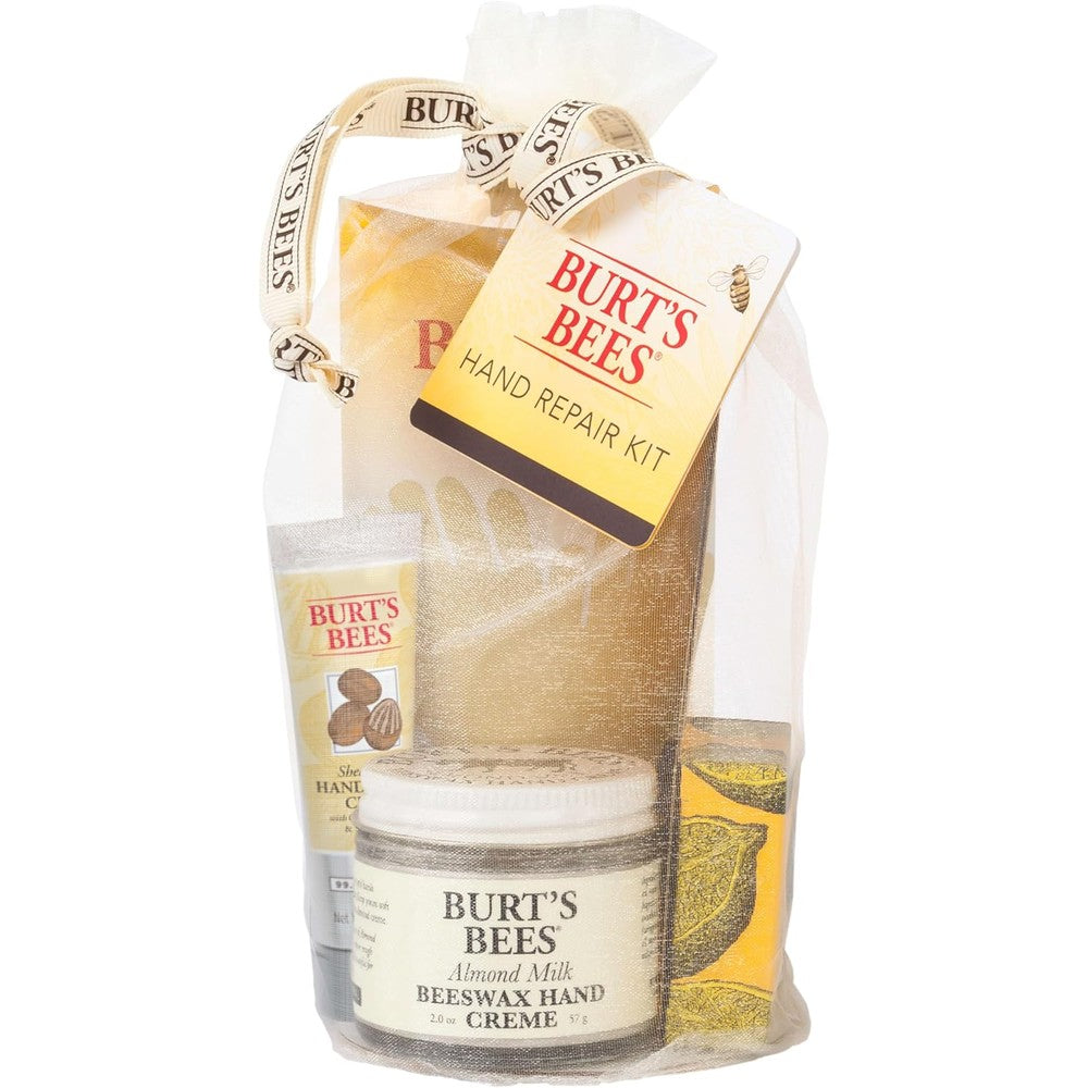 Burt's Bees Hand Repair Gift Set front view showcasing three cream tins and cotton gloves