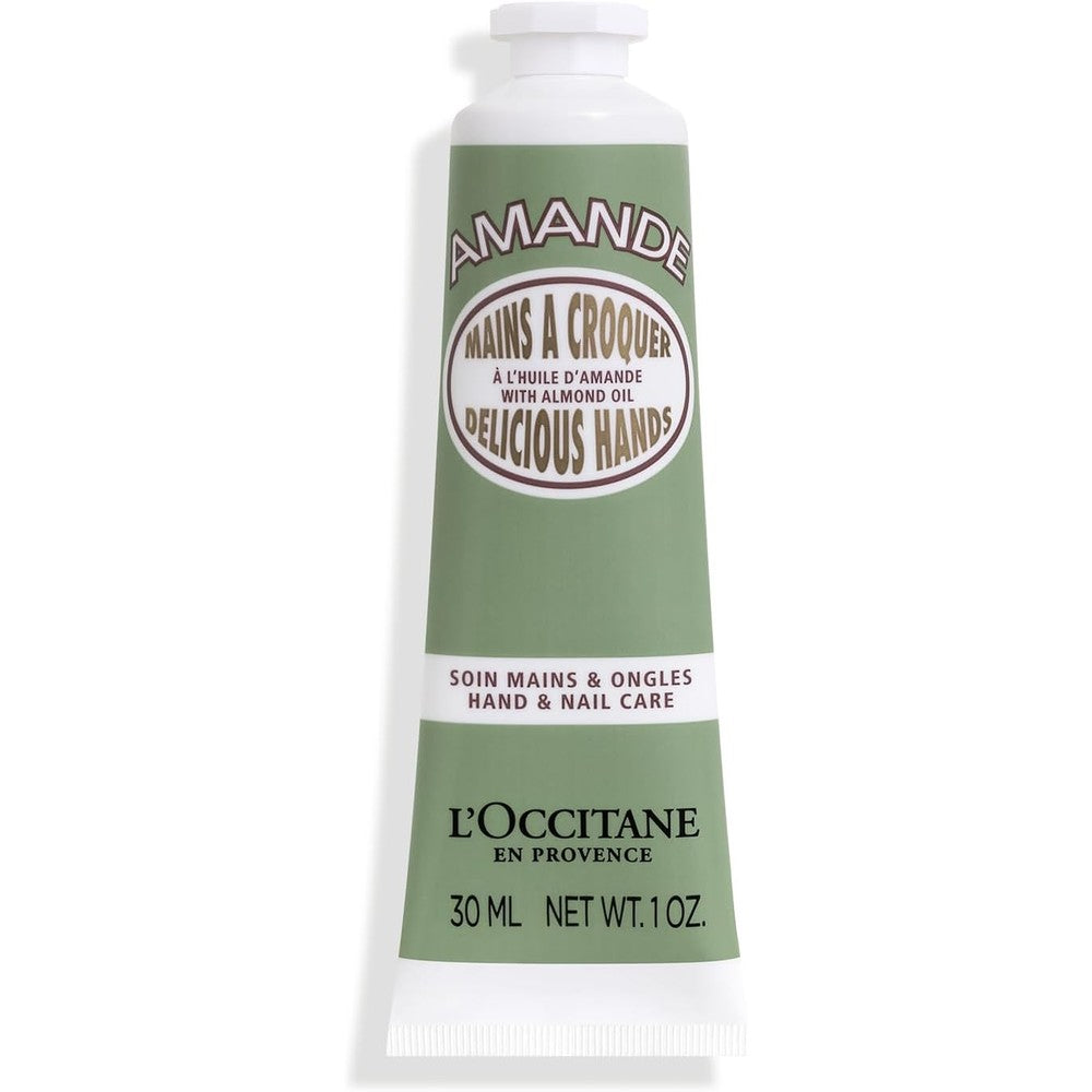 L'Occitane Almond Delicious Hand and Nail Cream 1 Ounce tube front view for dry skin hydration.