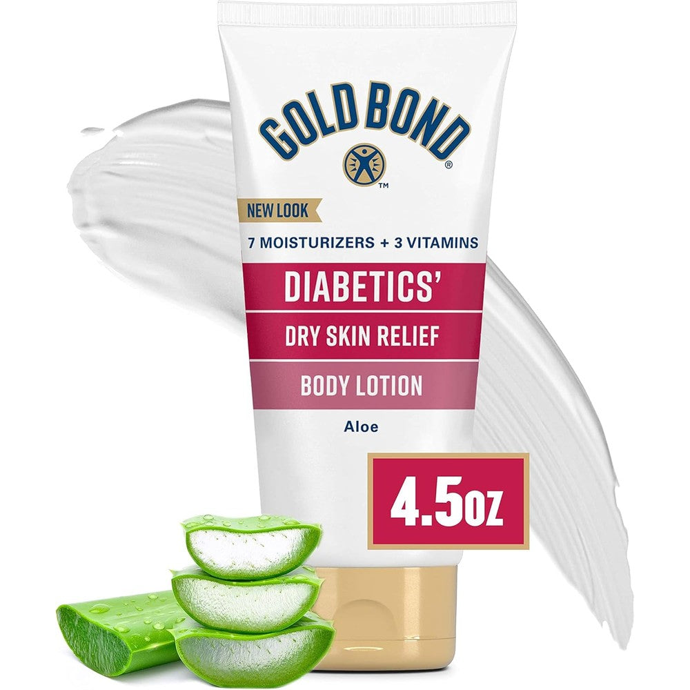 Gold Bond Diabetics Dry Skin Relief Body Lotion front view tube showing aloe and vitamin E features