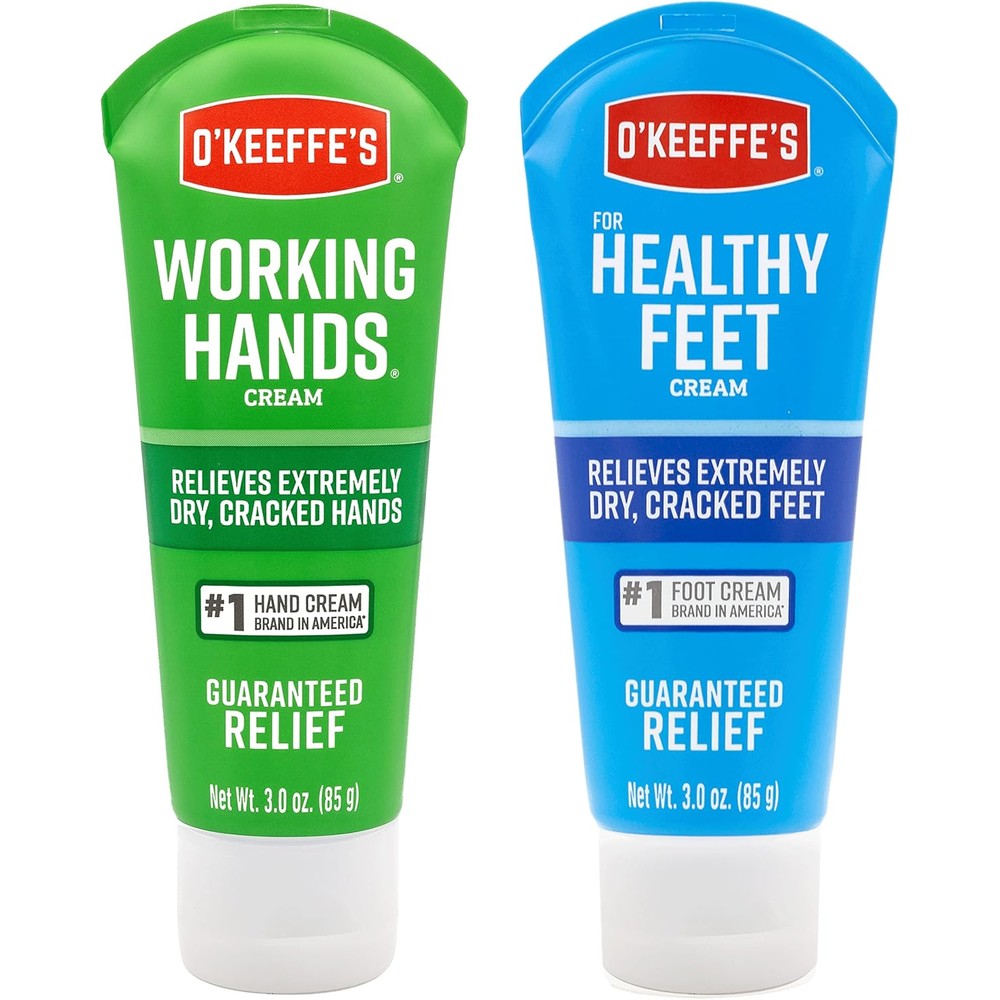 O'Keeffe's Working Hands and Healthy Feet combo pack front view showcasing two three ounce tubes for dry skin relief.