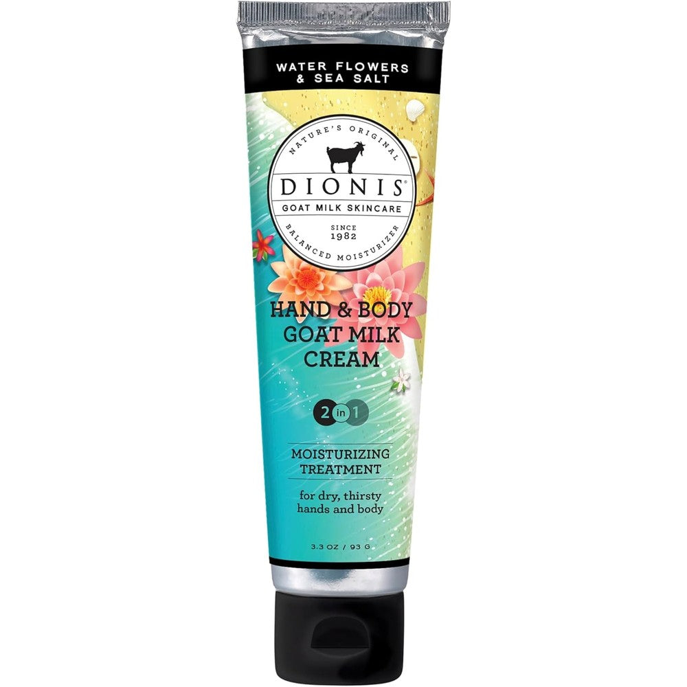 Dionis Goat Milk Hand And Body Cream front view showing product packaging and Water Flowers And Sea Salt label