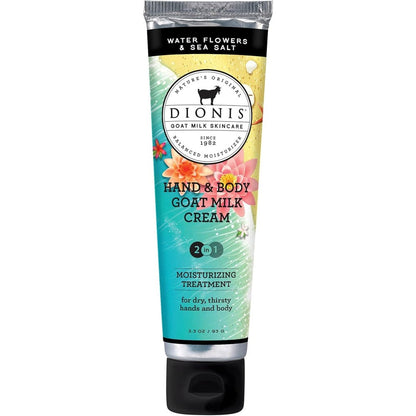Dionis Goat Milk Hand And Body Cream front view showing product packaging and Water Flowers And Sea Salt label