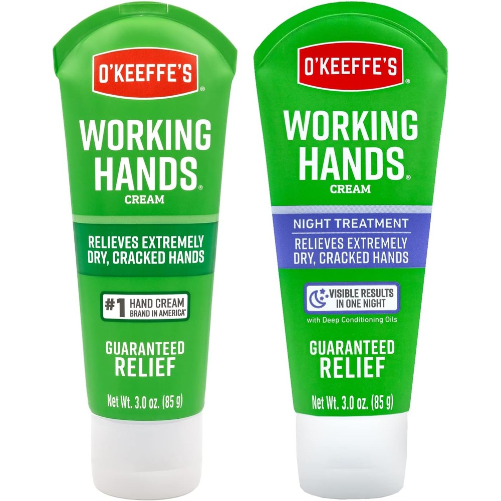 O'Keeffe's Working Hands Hand Cream Plus Night Treatment package front view showcasing both product tubes.