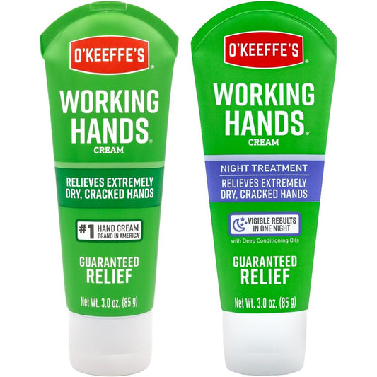 O'Keeffe's Working Hands Hand Cream Plus Night Treatment package front view showcasing both product tubes.