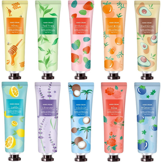 YAERZI 10 pack hand cream gift set front view featuring colorful tubes arranged in a row