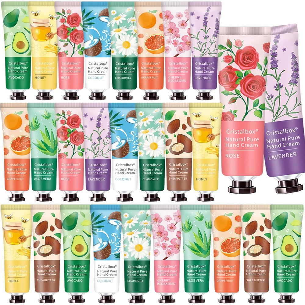 CRISTALBOX 28 Pack Hand Cream Gift Set front view displaying an assortment of colorful travel size lotion tubes