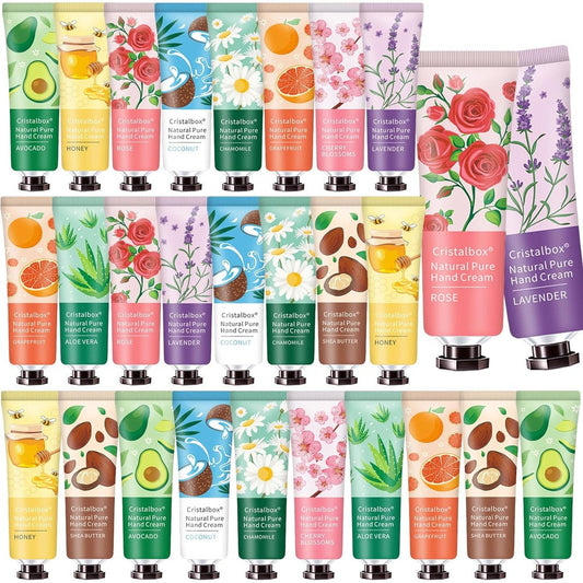 CRISTALBOX 28 Pack Hand Cream Gift Set front view displaying an assortment of colorful travel size lotion tubes
