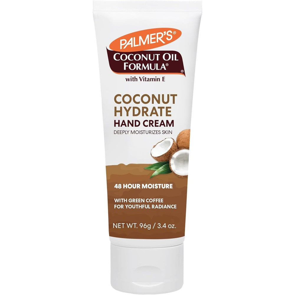 Palmer's Coconut Oil Formula Moisturizing Hand Cream front view of the three point four ounce tube showing the main ingredients