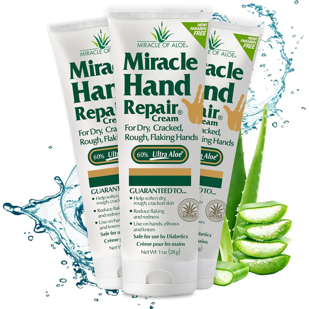 Miracle of Aloe Miracle Hand Repair Cream three pack front view displaying aloe vera lotion packaging