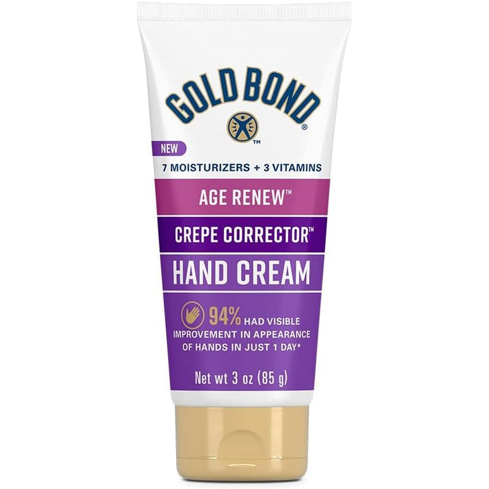 Gold Bond Age Renew Crepe Corrector Hand Cream front view of the three ounce tube packaging