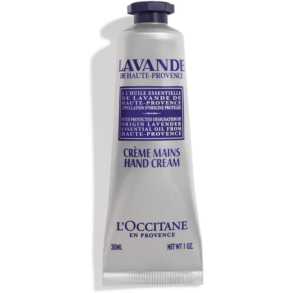 L'Occitane Lavender Hand Cream 30ml tube front view showing silver packaging with purple lavender accents.