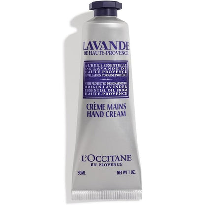 L'Occitane Lavender Hand Cream 30ml tube front view showing silver packaging with purple lavender accents.