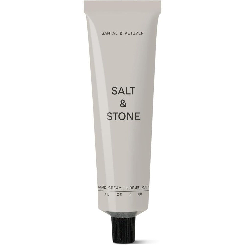 Salt & Stone Santal & Vetiver Hand Cream 2 Fluid Ounce white tube front view luxury packaging