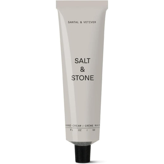 Salt & Stone Santal & Vetiver Hand Cream 2 Fluid Ounce white tube front view luxury packaging