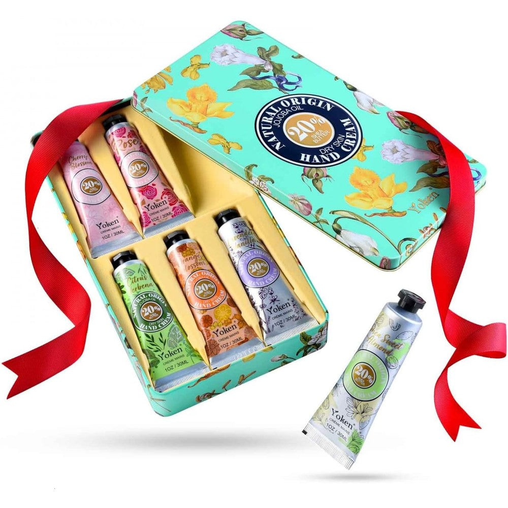 Yoken shea butter hand cream gift set inside decorative tin front view
