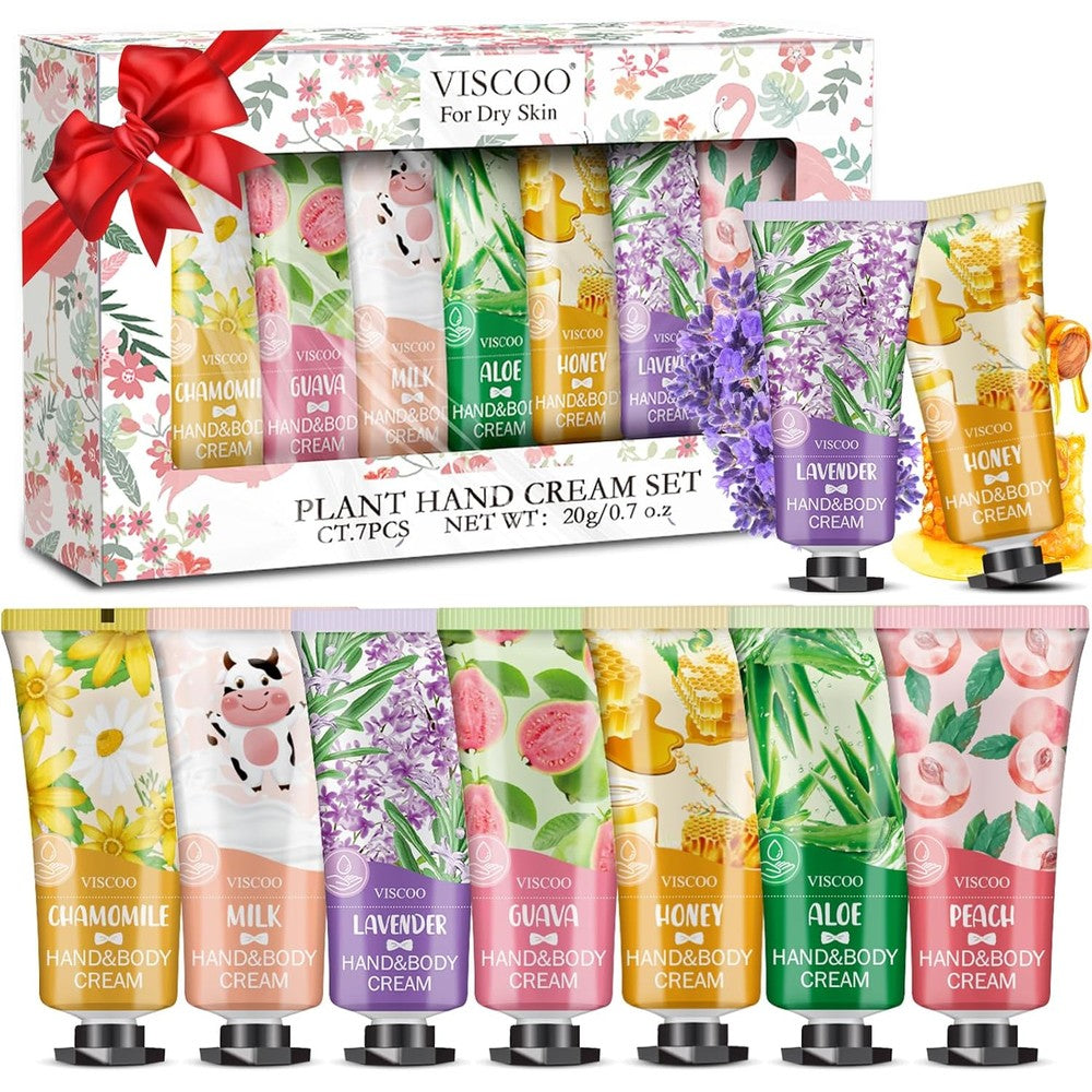 VISCOO 7 Pack Hand Cream Gift Set front view displaying all seven scented mini lotions